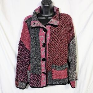 Curio Delicate Patchwork‎ Cardigan Sweater, Cozy, Colorful, Boho, Pink & Gray XL